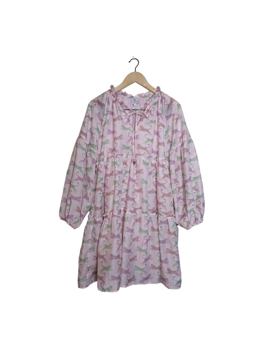 J. Marie Pink and Green Animal Print Smocked Patterned Mini Dress Sz L
